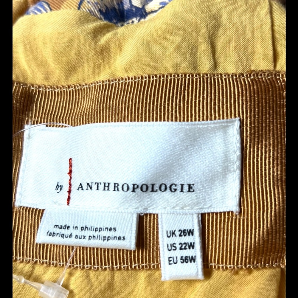 ANTHROPOLOGIE Tie Back Dress Boho Cap Sleeves Gold Blue Open Back Mini Plus 22W - Picture 10 of 12